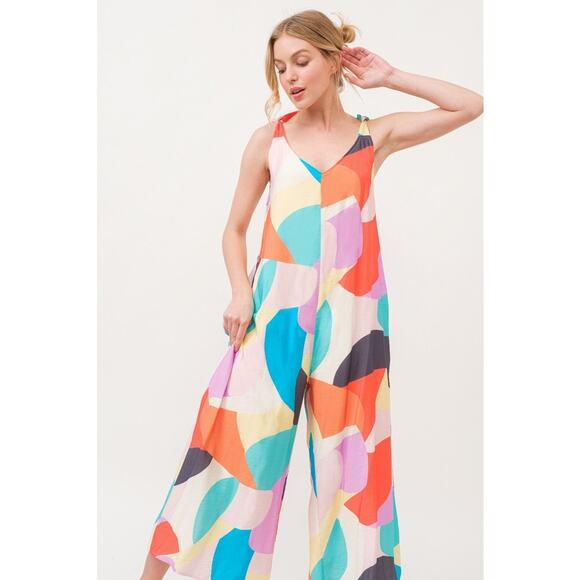 And The Why Tied Shoulder Straps Geo Print Pockets Wide Leg Jumpsuit | Yellow - Picture 9 of 11